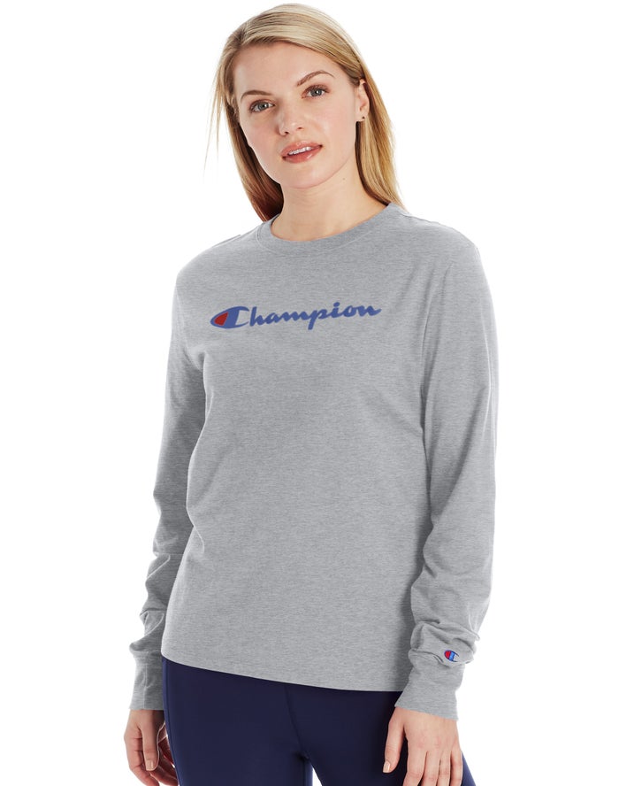 Champion Classic Long-Sleeve Script Logo Kadın Tişört Gri ( XDLCSG162 )